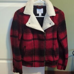 Old Navy Women's Red and Black Plaid Teddy Jacket